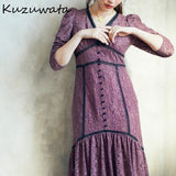 Joskaa Christmas Gift Kuzuwata Japan Style Dress Women Sexy Solid Lace Patchwork Button Dresses 2024 Spring Vestidos Largos De Verano Para Mujer