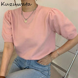 Joskaa Christmas Gift Kuzuwata O Neck Pullover Short Sleeve Knit Sweater Women Multicolor Simple Casual Pull Femme Summer 2024 New Ol Loose Lady Top