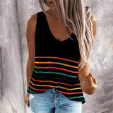 Joskaa Sexy V-Neck Crochet Knit Shirts Blusa Casual Colorful Striped Blouse Shirt Women Summer Sleeveless Tank Tops Clothes Streetwear