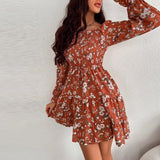 Joskaa hoco dresses Vintage Flower Print Square Neck Ruffle Short Dress Autumn Women Casual Long Puff Sleeve Orange Dress Office Lady Vestidos 2024