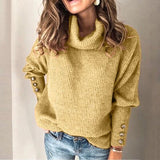 Joskaa Thanksgiving Gift Autumn Winter Fashion Solid Knitted Crop Turtle Neck Tops Women's Sweater  Casual Long Sleeve Buttons Loose Ladies Sweater