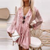 Joskaa hoco dresses Back to College Spring Summer Women Fashion Mesh Party Dresses Elegant Long Sleeve Loose Chiffon Dress Sexy V Neck Ruffle Lady Beach Mini Dress