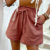 Back to College Joskaa Elastic waist drawstring shorts Pocket dusty pink summer shorts woman Causal loose lace hollow out side shorts 2024 new