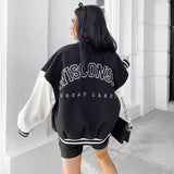 Joskaa Letter Print Baseball Uniform Jacket Patchwork Long Sleeve Button Varsity Bomber Coat Cool Style Jackets For Women Clothing