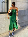 Joskaa 2024 Midi Green Satin Backless Dresses Women Sleeveless Off Shoulder Club Sexy Bodycon Dress Party Summer Outfits