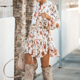 White Ruffled Mini Vintage Print Irregular Dress Autumn Clothing Lantern Sleeve Elegant Dress Lace up Slim Streetwear