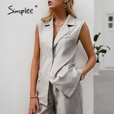 Back to College Joskaa Gray sleeveless woman suits Summer casual loose suit Chic suit collar woman sets Sleeveless top high waist pants suit