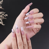 Nail Inspo 2023 Summer 24Pcs/Box Long French False Nail Ballerina Fake Nails Pink Butterfly Pattern Square Nail Decal False Nails Press On Nail Tips
