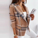 Joskaa Women Plaid Double Button Slim Blazer Autumn Long Sleeve Office Female Blazer Casual Turndown Collar Khaki OL 2024 Fashion Coat