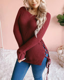 Joskaa Autumn Knitted Sweaters Women Sexy O Neck Solid Split Cross Bandage Long Sleeve Pullover Tops Female Casual Loose Winter Jumper