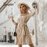 Joskaa Shirt Collar Straight Office Ladies Belt Dress Lace Up Stripes Women Midi Dress Full Regular Sleeves Female Casual Dress