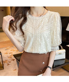 Joskaa Christmas Gift Casual Tops Sweet Short Sleeve Blouses 2024 New Summer Chiffon Lace Blouse Women Shirt Fashion Clothes O-neck Blusas Mujer 15272