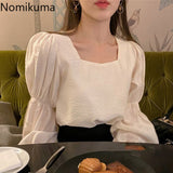 Joskaa Christmas Gift Nomikuma Korean Chic Sweet Shirts Square Collar Puff Sleeve Blouse Women Solid Color Casual Loose Tops Female Blusas Mujer 3d421