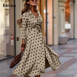 Joskaa hoco dresses Vintage Long Sleeve Wrap Office Lady Dress Spring Notched Collar Split Party Dress Women Elegant Autumn Belted Long Dresses