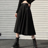 Christmas Gift Joskaa Punk Women Midi Skirt Summer Black Fashion Split High Waist Belt A Line Dark Academic Gothic Long Skirt Streetwear Faldas