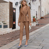 Joskaa Elegant knot women business suit autumn winter Office lace up blue ladies suits blazer Fashion two piece female pant set