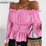 Joskaa Back to College Off Shoulder Lace-up Front Ruffles Casual  Blouse Plus Size Tops Spring Tops and Blouses