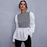 Joskaa Women Shirt Fashion Houndstooth Shirt Casual Stitching Long Sleeve Plaid Shirt Chic Office Ladies Blouses Fall Outfits 2024