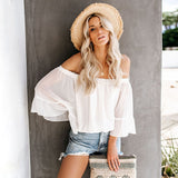 Joskaa Sexy Off Shoulder White Chiffon Blouse Shirt Summer Women Flare Sleeve Casual Top Fashion Solid Black Loose Sweet Blouses