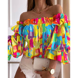 Joskaa Women Off Shoulder Ruffled Trim shirring Shirt Female Top Summer Casual Long Sleeve Colorful Tighten Waist Blouse Tops