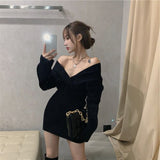 Joskaa hoco dresses Christmas Gift Dress Women One-shoulder Mini Sheath Black Solid Korean Style Sexy Club Soft Fit Chic Stylish High Street Spring Design Gothic