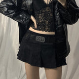 JOSKAA 2024 new Harajuku Y2K Goth 90s Vintage Grunge Rockstar Girlfriend Aesthetic Black Denim Micro Skirt with Belt