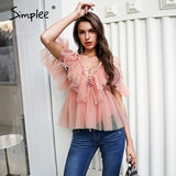 Joskaa V neck strap boho mesh blouse shirt women Ruffle short sleeve elegant peplum tops Summer lace up ladies sexy blusas 2019