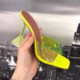 Joskaa Transparent crystal heel slippers women's summer new fashion wine glass heel square toe fashion sandals Large size