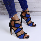 Joskaa Brand Design Women Fashion Peep Toe Patchwork Colors Thin Heel Sandals Pink Blue Strap Cross High Heel Sandals   Shoes