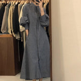 Joskaa Christmas Gift Simple O-neck Japanese-style Maxi Dress Women Age-reducing Plaid High Waist Dresses Autumn New Long-sleeve Shirt Vestidos