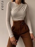 Joskaa O Neck 2024 Brown Crop Top Women Ruched 90s Y2K Basic Autumn Winter Casual Black Long Sleeve T Shirts Sexy Green