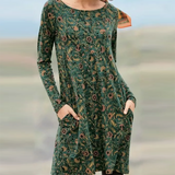 Joskaa Back to College New Floral Print O Neck Pocket Vintage Dress Casual Winter Long Sleeve A-Line Party Dress Autumn Women Loose Dress Vestidos 3XL