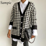 Joskaa Christmas Gift Sampic Houndstooth Sexy Long Sleeve Knitted Sweater Cardigan Women Fashion Casual Beige V Neck Sweaters Ladies Autumn Winter 202