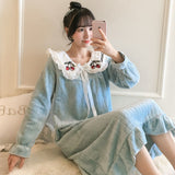 Joskaa Christmas Gift Nightgowns Women Winter Flannel Princess Solid Lace Bow Plus-Velvet Thicken Warm Soft Loose Casual Sweet Girls Sleepshirt Coral