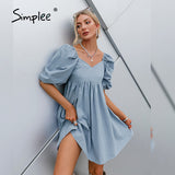 Joskaa Cotton V-neck Loose Lantern Sleeve Mini Dress Fashion Blue Summer Women A-line dress 2021 Solid retro high waist Vestido