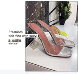 Joskaa Transparent crystal heel slippers women's summer new fashion wine glass heel square toe fashion sandals Large size