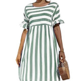 Joskaa Back to school  Women Elegant Ruffle Sleeve Striped Patchwork A Line Dress 2024 Summer Casual High Waist O Neck Loose Pocket Dress Beach Wear