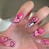 Joskaa 24pcs Punk Black Frame Pink Love Pattern False Nails Heart Dagger Shape Design Long Coffin Fake Nails Tips Barbie Nail