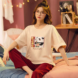 Joskaa Christmas Gift Pajamas Sets Women Short Sleeve Plaid Pants Printed XXL Womens Korean Style Pijamas Students Spring Summer Sleepwear Trendy Chic