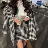 Joskaa Two 2 Piece Set Retro Houndstooth Channel Style Mid-Length Coat High Waist Skirt Winter Suits Women Basic Jackets