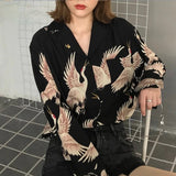 Joskaa Christmas Gift QWEEK Harajuku Shirt Women Animal Print Blouses Button Up Long Sleeve Oversized Streetwear Chinese Style Black Tops Punk Hip Pop