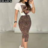 Joskaa Two Peice Set For Women Casual O-Neck T Shirt& Skirt Set Fashion Leopard Print Office Women Set Elegance Skinny Ropa Femenina