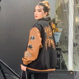 Joskaa Retro Leather Stitching Baseball Uniform Jacket Female Autumn Winter Couple Embroidered Long Sleeve Hip Hop Bomber Jacket