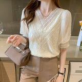 Christmas Gift Elegant Apricot Lace Blouse Fashion V-neck Puff Short Sleeve Shirt Women Tops 2021 Summer New Clothes Blusas De Mujer 15537
