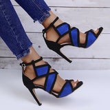 Joskaa Brand Design Women Fashion Peep Toe Patchwork Colors Thin Heel Sandals Pink Blue Strap Cross High Heel Sandals   Shoes