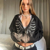 Joskaa Christmas Gift Zip-up Y2K Rhinestone Skeleton Oversized Sweatshirts 2024 Autumn Goth Hoodies Women Grunge Hooded Jacket Streetwear Retro Clothe