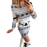 Joskaa hoco dresses Christmas Gift New Christmas Women's Sexy Slim Fit Bodycon Printed O-Neck Long Sleeved Winter Party Mini Dress