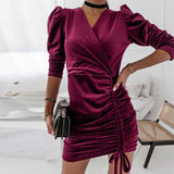 Joskaa hoco dresses Women Velvet V Neck Mini Dress Puff Long Sleeve Drawstring Autumn  Casual Elegant Dress Winter Bodycon Ladies Party Vestidos