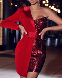 Joskaa hoco dresses Women Sexy One Shoulder Pactwork Dress Long Sleeve Party Dress Sexy Bodycon Sequin Solid Elegant Dresses