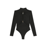 Joskaa Rib Knitted Hollow Out Women Long Sleeve Bodysuit Black Sexy Bodycon Jumpsuit Body Femme Solid Ring Circle Design Top